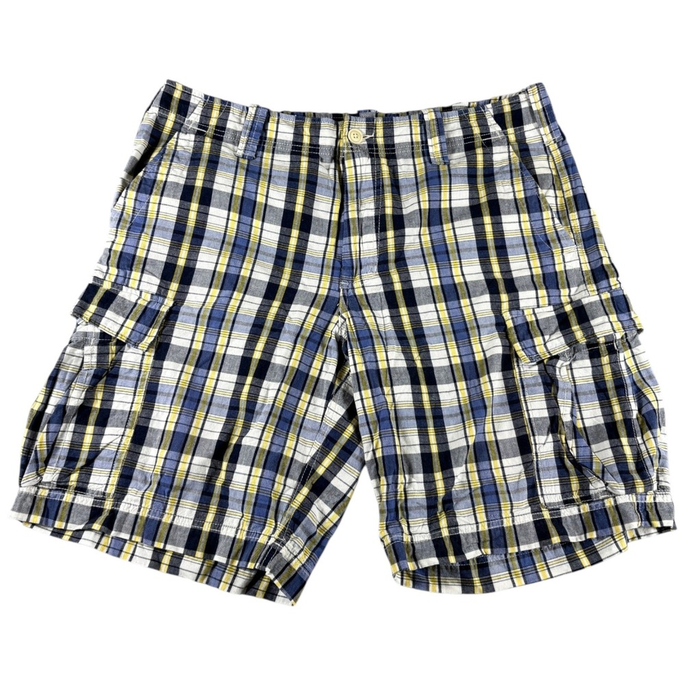 Polo Jeans Co Ralph Lauren Cargo Shorts Mens 38 Blue Yellow Plaid Y2K Workwear